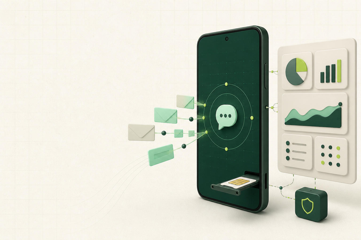 Android phone, SIM and secure SMS delivery dashboard illustration